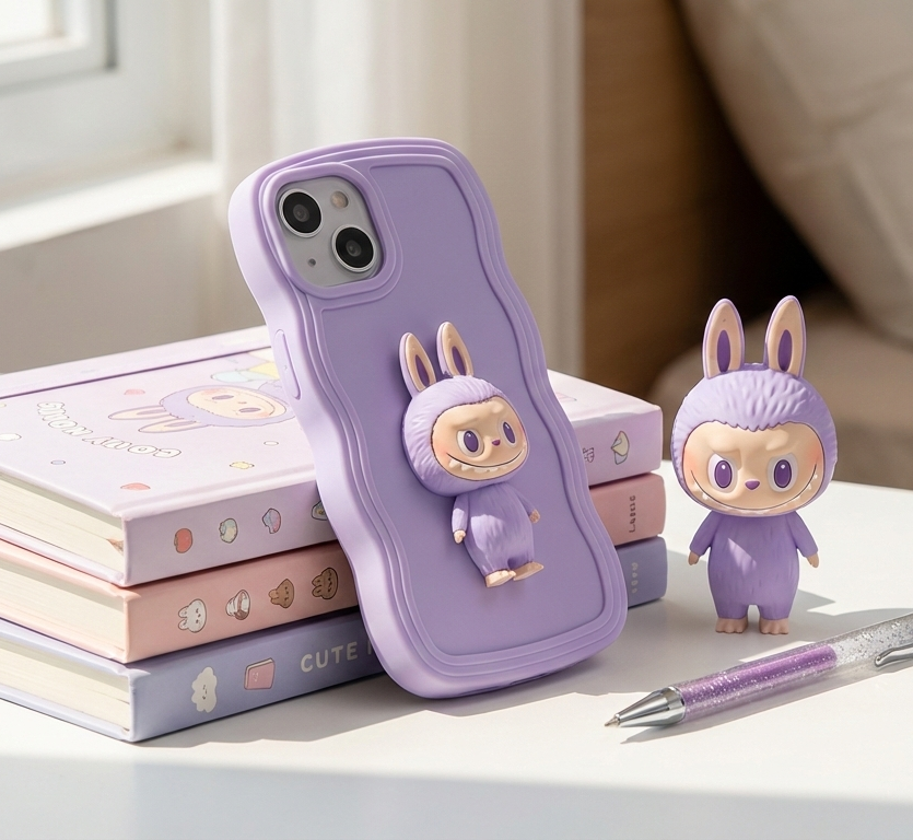 Purple phone case with cartoon character on a table with books and a pen