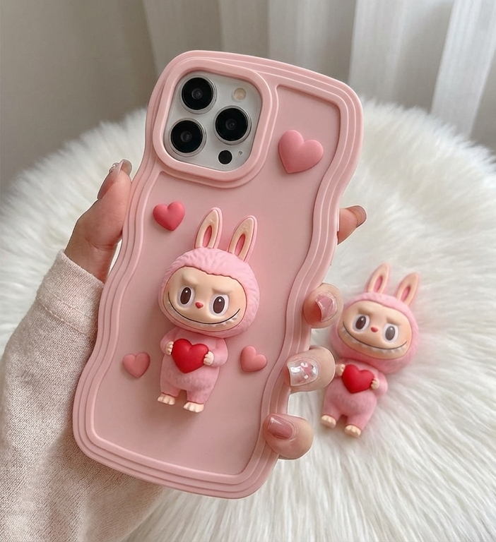 Pink phone case with cartoon character and heart on a fluffy white surface