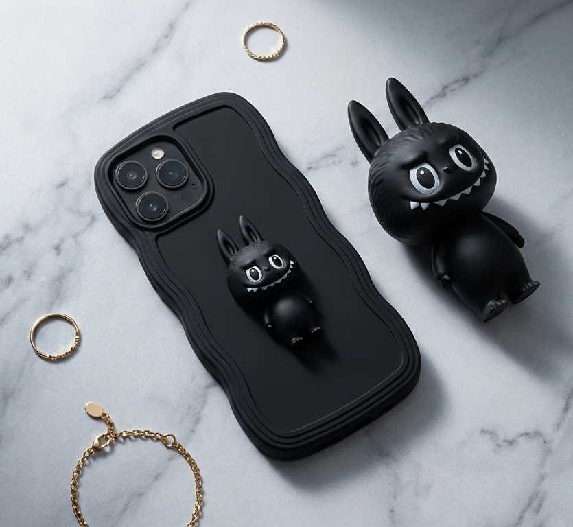 Black phone case with a cartoon character on a marble surface
