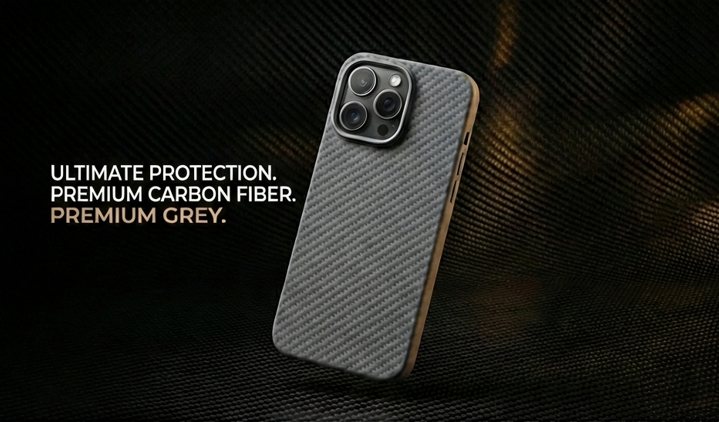 Carbon fiber phone case with text on a dark background