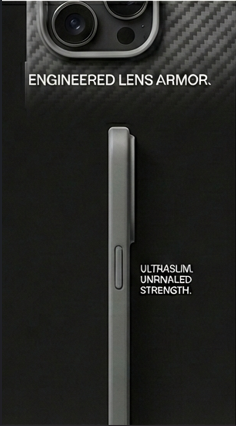 Phone case with 'Engineered Lens Armor' and 'UltraSlim Unravelled Strength' text on a black background