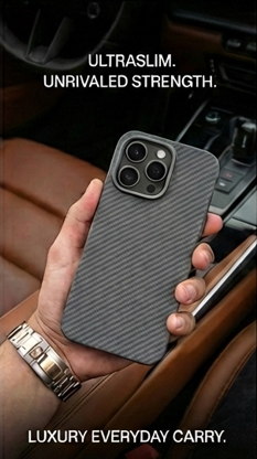 Person holding a gray phone case with text about its features.